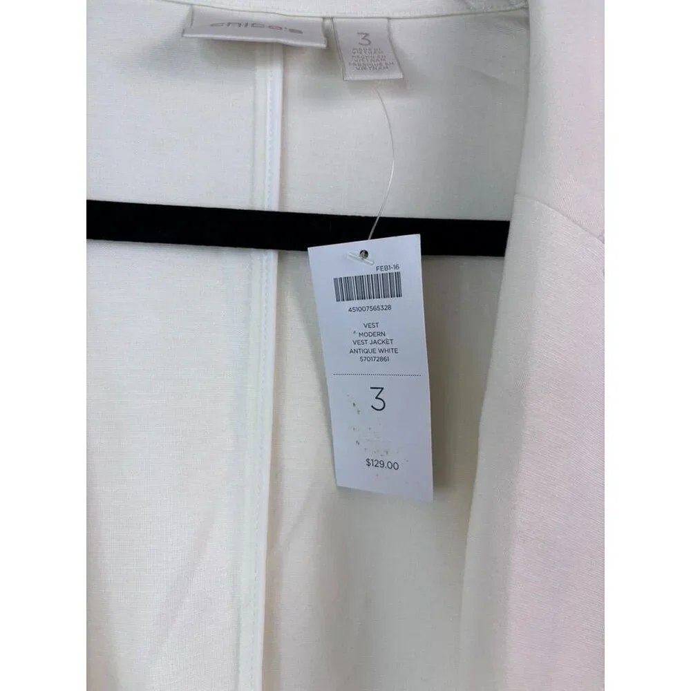 Chico's women's 3 or XL ivory sleeveless collared‎ open front vest jacket NWT